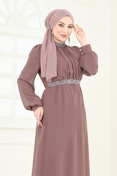 ModaMerve Kemeri Taşlı Şifon Abiye Takım 4272AB368-MS Pudra Vizyon