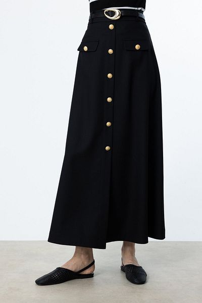 Ekol Belted Ornamental Buttoned Skirt Black-1060