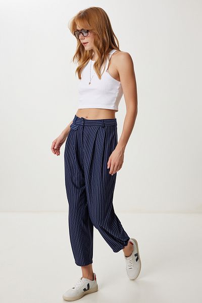 Lovelyİstanbul Pantaloni largi țesuți cu buzunare în dungi LKT0016 ALB MĂRIMĂ