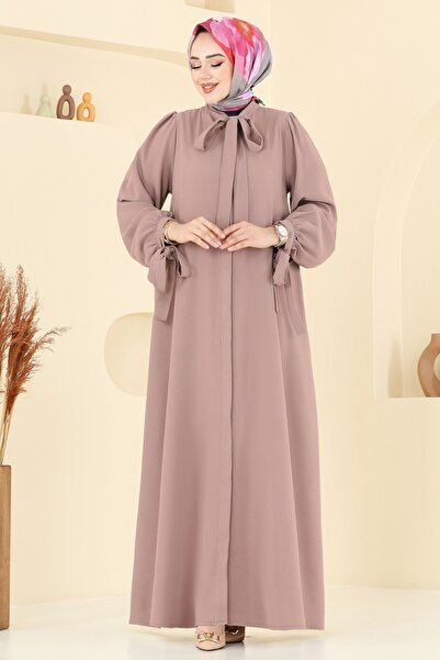 ModaMerve Manşeti Bağcıklı Elbise Ferace 0039BG354-MS Koyu Vizyon