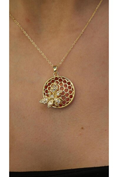 Jerie Gold Renkli Taş Arı ve Petek Tasarım Kolye