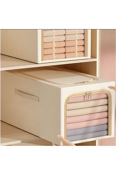 Teo Storage Box, , 31L, Linen and Cotton, Foldable, Steel Frame, 45 x 30 x 23 cm, Khaki