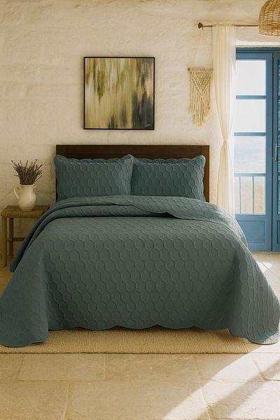 Evimcim Double Bedspread Set with Flounced Edge 260X240 cm and 2 Cases 50X70 cm