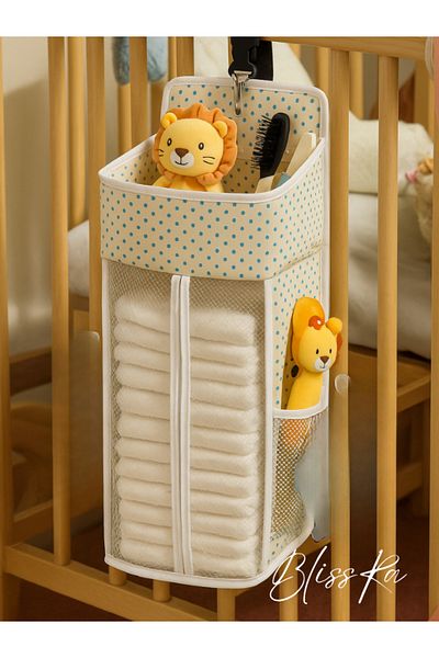 Blissra Hanging Baby Diaper Organizer (Can Be Hanged on the Crib) – Blue Polka Dot – Special Design