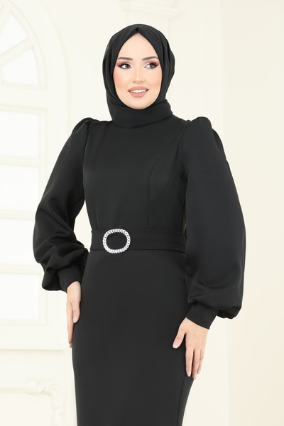 ModaMerve Balon Kollu Balık Abiye Elbise 0402ALG474-MS Siyah