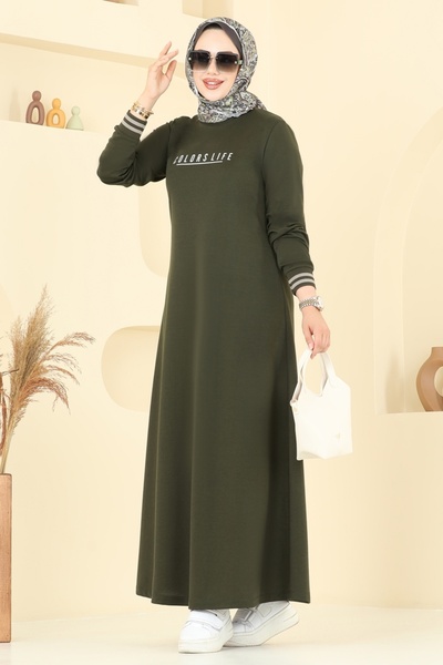 ModaMerve Yazı Baskılı Tesettür Elbise 4108PM271-MS Haki