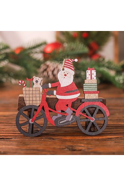 Teo Wooden Christmas Decoration, with String for Hanging on the Tree, Santa Claus on a Bicycle Model, 1