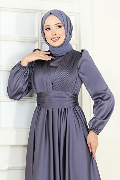 ModaMerve Önü Drapeli Saten Abiye 2382ANT466-MS Koyu Lila