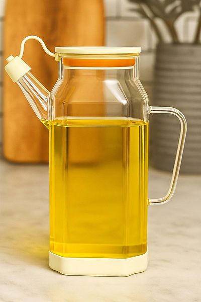 Jenisa Transparent Glass 600 ml Oil Pot Jug Non-Spill & Non-Slip Silicone Based Oil Pot - Cream