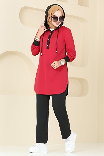 ModaMerve Yarım Düğmeli Kapşonlu Takım 2546SL432-MS Kırmızı&Siyah