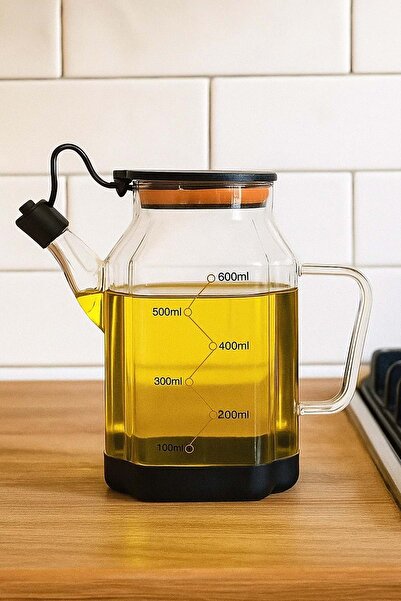 Jenisa Transparent Glass 600 ml Oil Pot Jug Non-Spill & Non-Slip Silicone Based Oil Pot - Black