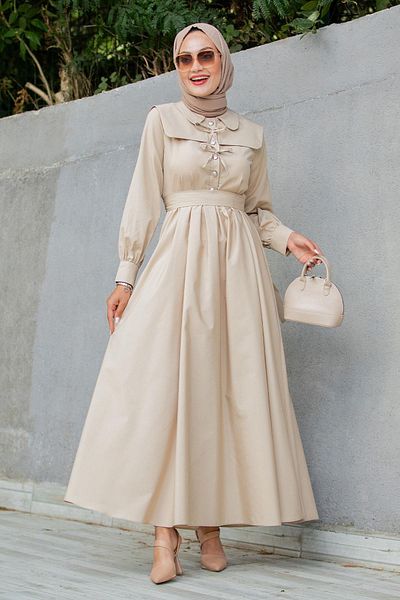 Tesettür Çarşım Ninna Collar Detail Cotton Dress-Beige