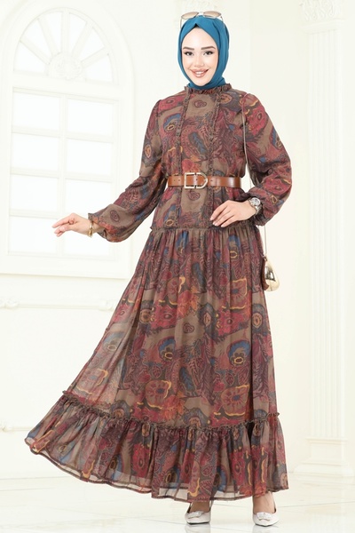 ModaMerve Patterned Chiffon Dress 5307Al357-Ms Brown