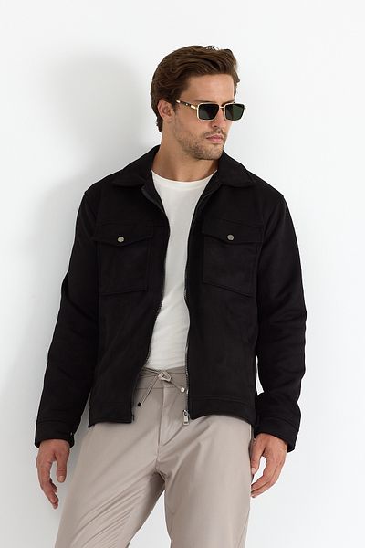 GEİO Men's Regular Fit Collar Zippered Lined Nubuck Jacket