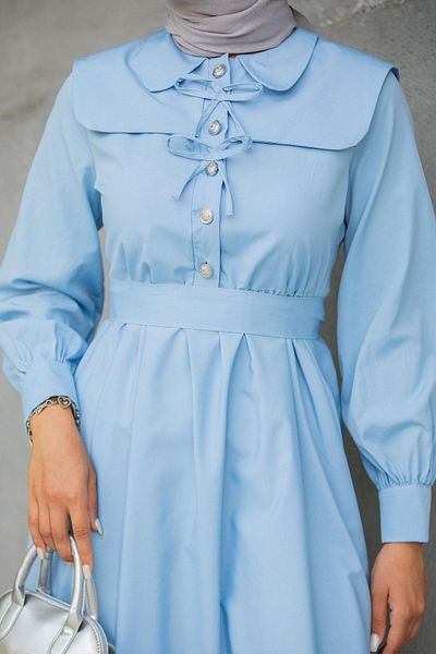 Tesettür Çarşım Ninna Collar Detail Cotton Dress-Bebeblue