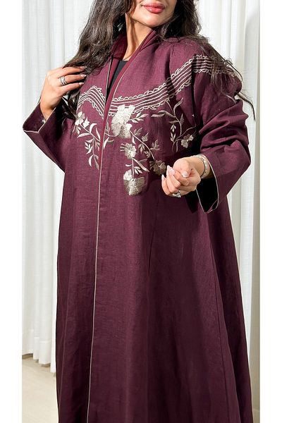 elegant veil Burgundy linen abaya with embroidery on the chest