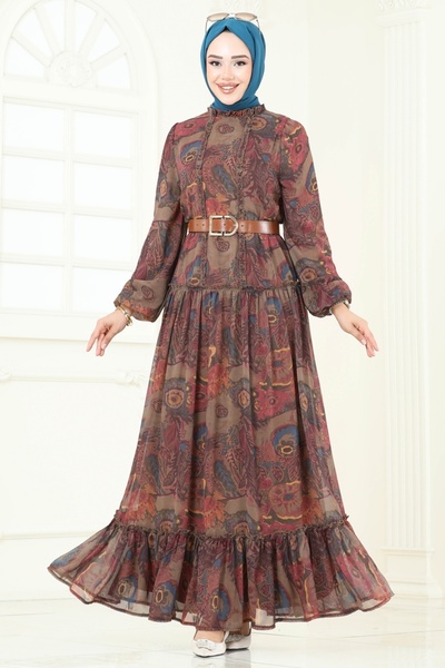 ModaMerve Patterned Chiffon Dress 5307Al357-Ms Brown