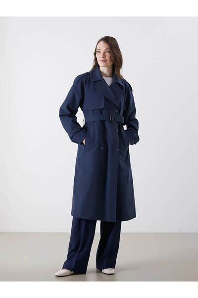 LC Waikiki LCW Modest Lacivert Kruvaze Yaka Oversize Kadın Trençkot