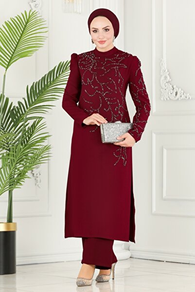 ModaMerve Taş Detaylı Krep Takım 5771AB368-MS Bordo