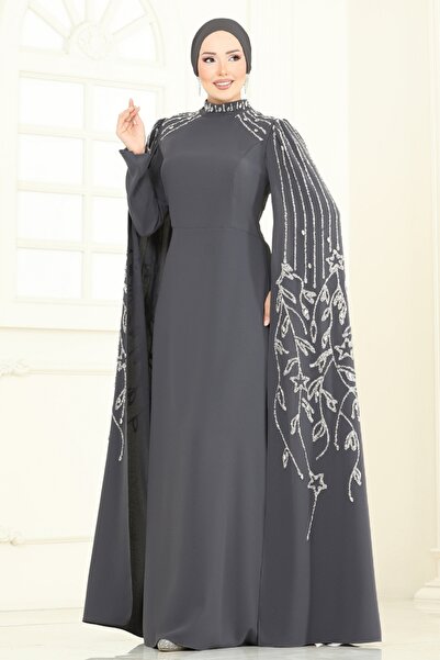 ModaMerve Taş Detay Pelerinli Abiye 5696EDF311-MS Antrasit