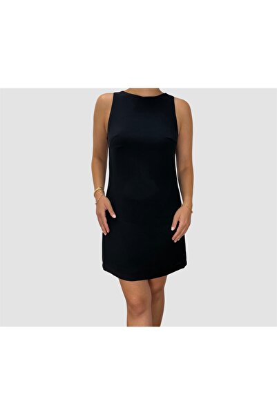 ABAS Siyah Hafif Halter Yaka Kolsuz Krep Kumaş Astarlı Kısa Elbise