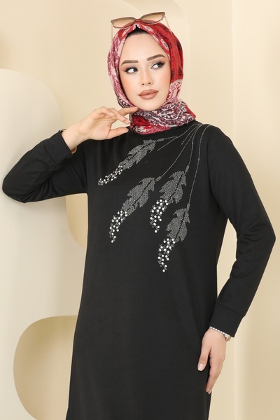 ModaMerve Taş Detaylı Tesettür Takım 6030UZ662-MS Siyah