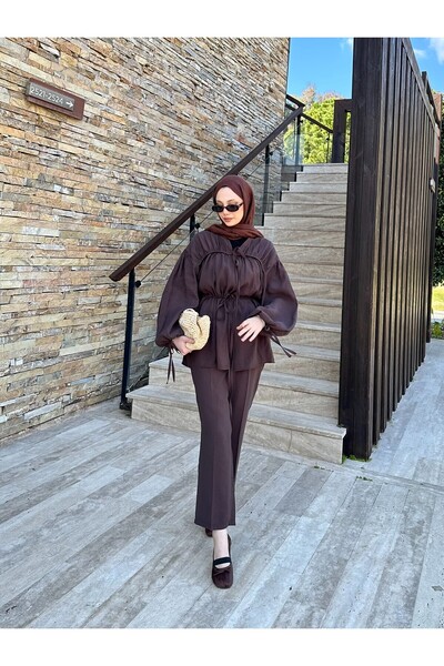 Vİ&FA BUTİK Women's Gathered Detailed Belted Trousers Suit Brown
