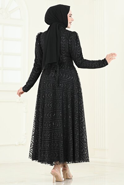 ModaMerve Simli Tül Tesettür Abiye 5688EDF311-MS Siyah