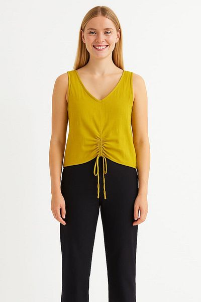 enmodaiçgiyim 100% Cotton Muslin Fabric Oil Green Sliding V-Neck Strap Women's Blouse