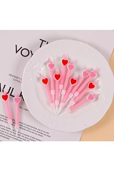 Teo Set of 6 Cake Candles, , Pencil Pattern with Hearts, 5.9 x 1.1 cm, Wax, Pink