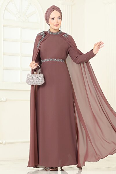 ModaMerve Taşlı Pelerinli Şifon Abiye 8073AB368-MS Koyu Pudra Vizyon