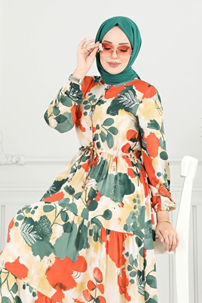 ModaMerve Beli Bağcıklı Viskon Elbise 7124BG354-MS Zümrüt