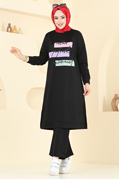 ModaMerve Yazı Baskılı Spor Takım 6038UZ662-MS Siyah