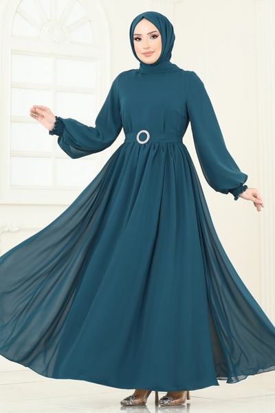 ModaMerve Chiffon Dress with Elastic Cuffs 5672Edf311-Ms Petrol