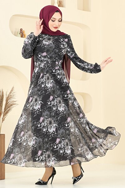 ModaMerve Desenli Kemerli Şifon Elbise 5206AL357-MS Siyah