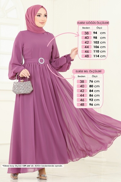 ModaMerve Chiffon Dress with Elastic Cuffs 5672Edf311-Ms Dusty Rose
