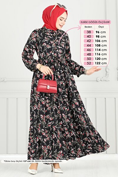 ModaMerve Floral Pattern Hijab Dress 7122Bg354-Ms Black
