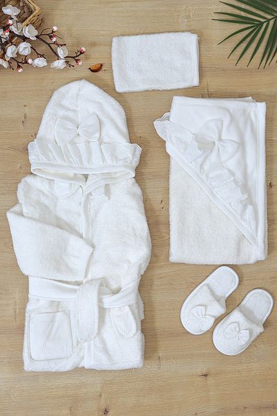 Sitilin Baby Girl Luxury White Bathrobe Set Towel Set 100% Cotton Fabric 0-2 Years Stl6771