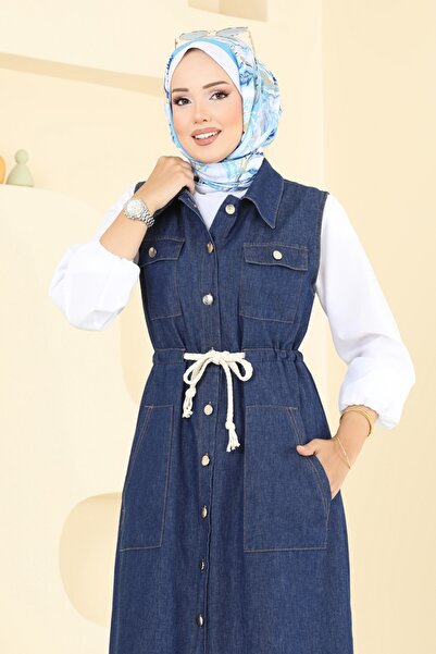 ModaMerve Beli Bağcıklı Kot Yelek 9156PLK541-MS Koyu Kot