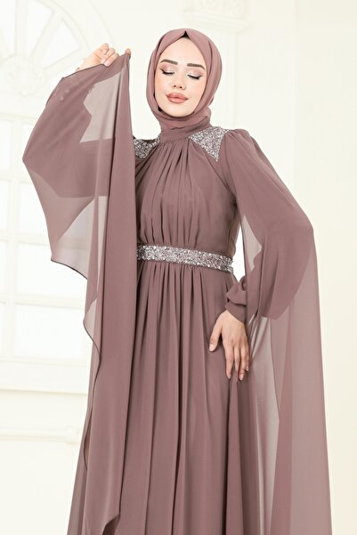 ModaMerve Pelerinli Şifon Abiye 7101AB368-MS Pudra Vizyon
