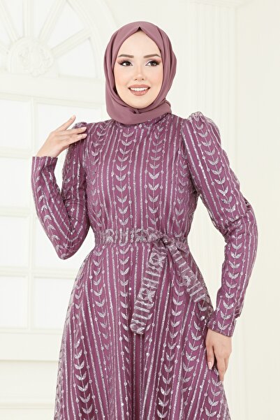 ModaMerve Simli Tül Tesettür Abiye 5688EDF311-MS Koyu Gül Kurusu
