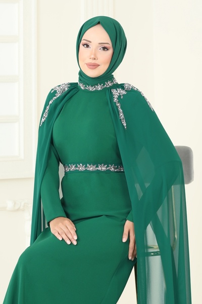 ModaMerve Taşlı Pelerinli Şifon Abiye 8073AB368-MS Zümrüt