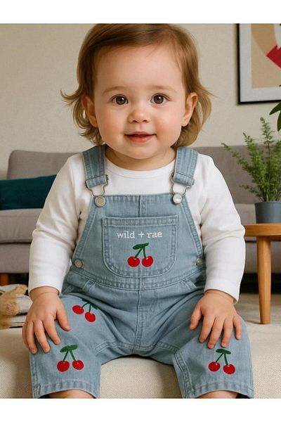 ALTINTAŞ BABY Cherry Embroidered Knitted Denim Fabric Salopet T-Shirt Summer Set of 2