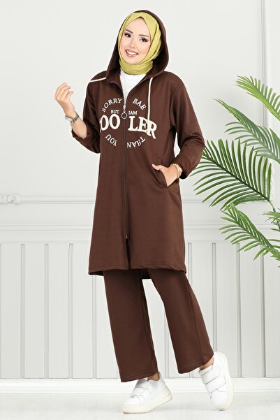 ModaMerve Yazı Baskılı Spor Takım 6037UZ662-MS Kahve