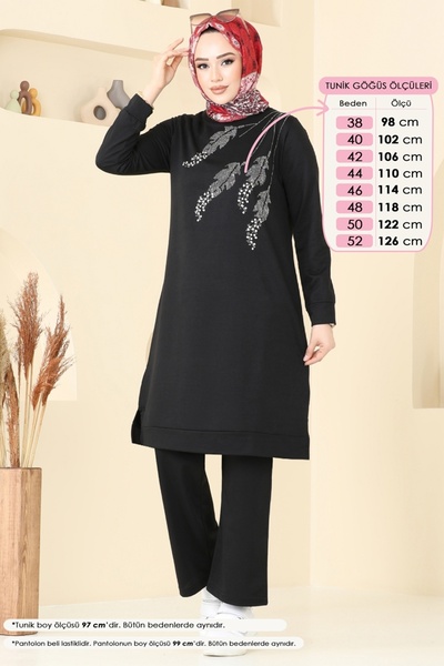 ModaMerve Taş Detaylı Tesettür Takım 6030UZ662-MS Siyah