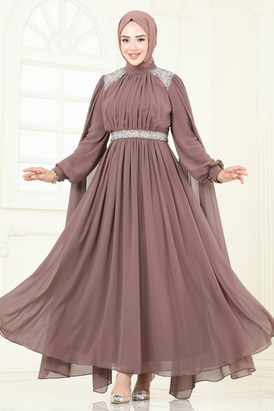 ModaMerve Pelerinli Şifon Abiye 7101AB368-MS Pudra Vizyon