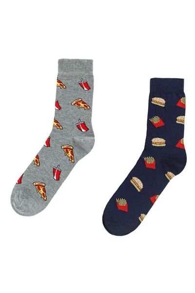 DAsiNU Set of 2 Pairs of Men's Winter Socks Blue and Grey, Fancy Pizza & Burger Pattern