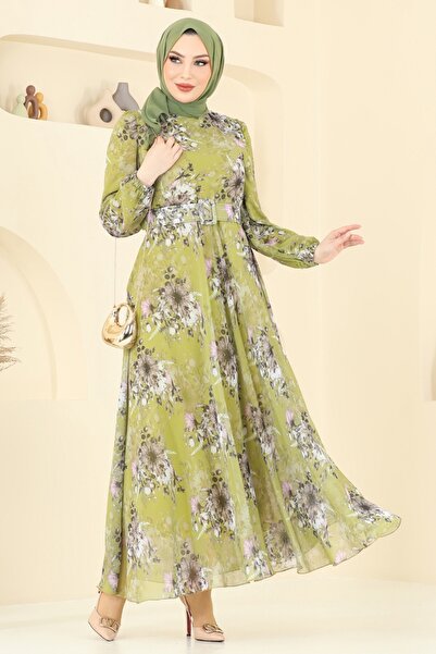 ModaMerve Patterned Belt Chiffon Dress 5206Al357-Ms Fat Green