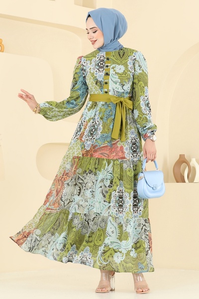 ModaMerve Ethnic Pattern Chiffon Dress 5297Al357-Ms Fat Green