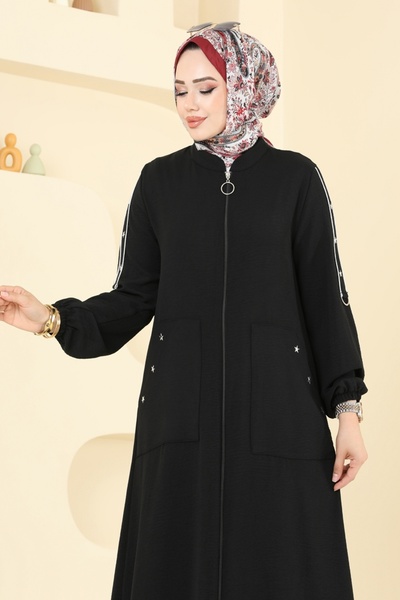 ModaMerve Manşeti Lastikli Aerobin Ferace 9158PLK541-MS Siyah